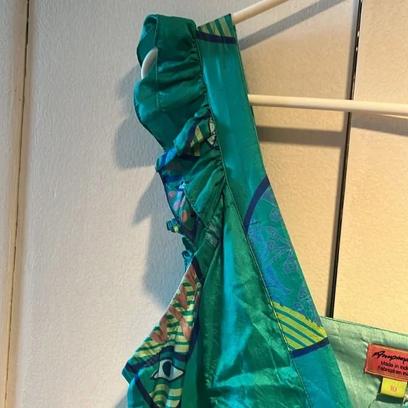 Silk Blue/Green Fish Print Maxi Dress. - Picture 4 of 8